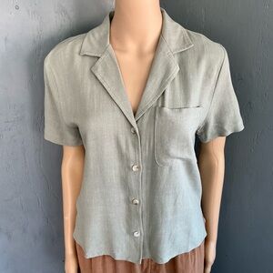 Sage Short Sleeve Button-Front Linen Blend Crop Top Size Small